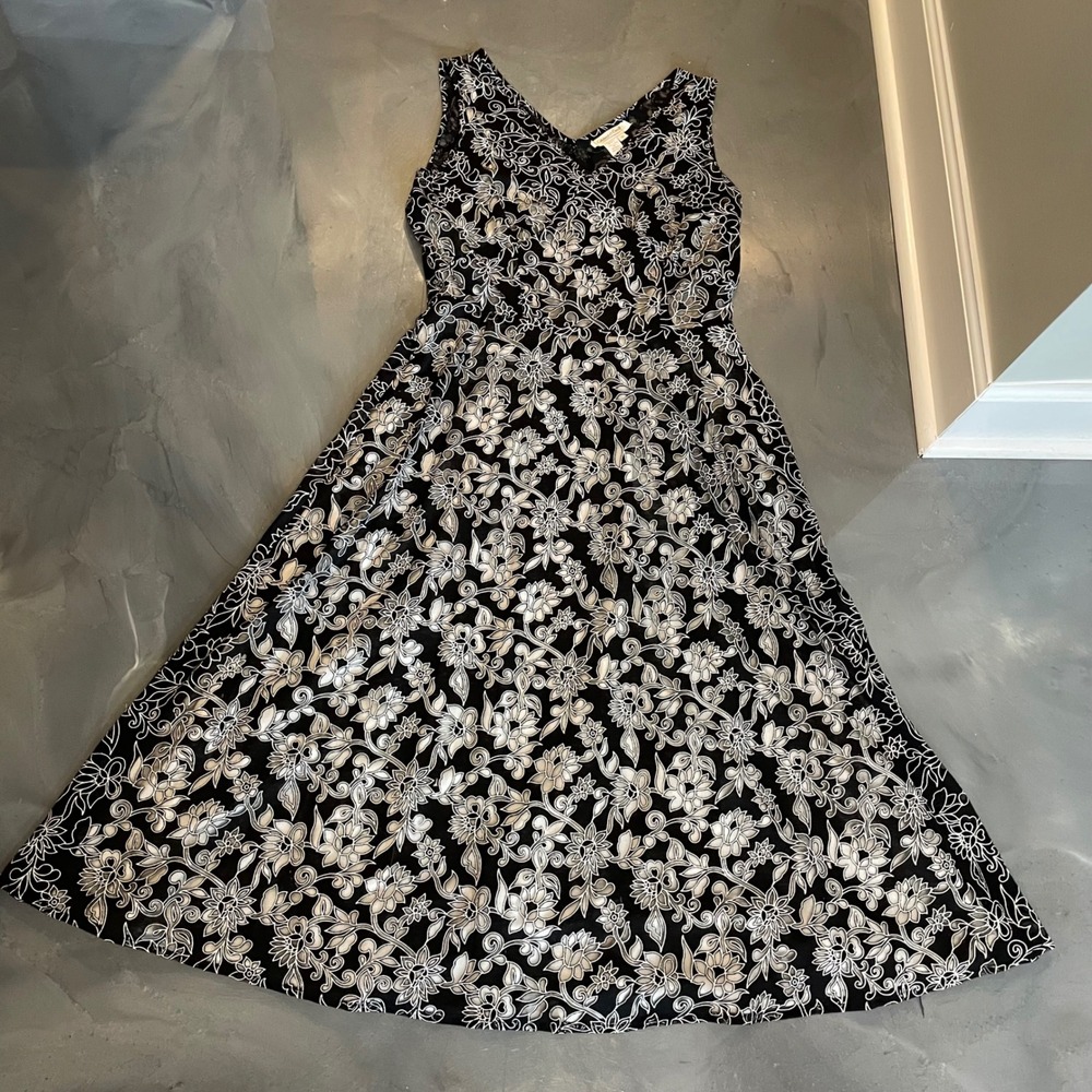 Coldwater Creek Womens Black White Floral Maxi Dress 10 Sheer Cutout‎ Lined